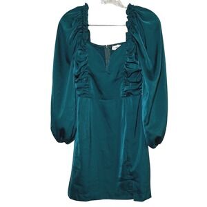 Entro Womens Mini Dress Size M Teal Long Sleeve Square Neck Ruched Party elegant